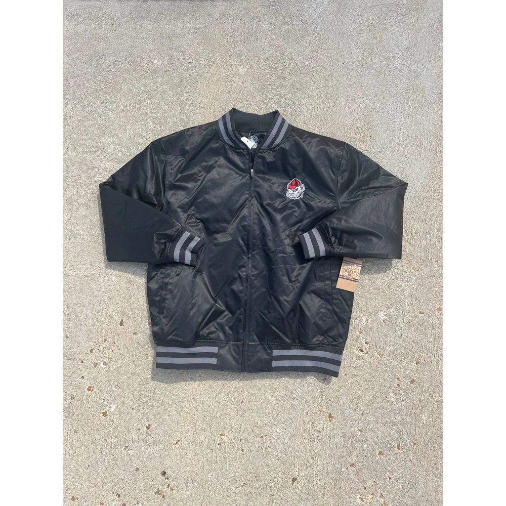 University Of Georgia Bulldogs Satin Bomber Jacket Mens M Black Full Zip